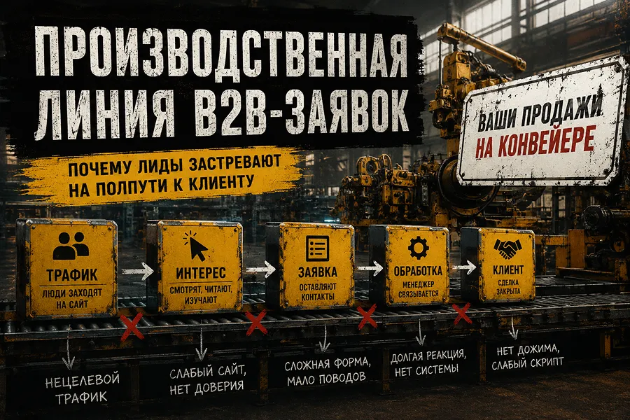 Схема производственной линии B2B-заявок: SEO, сайт, контент, Яндекс Директ, CRM и аналитика